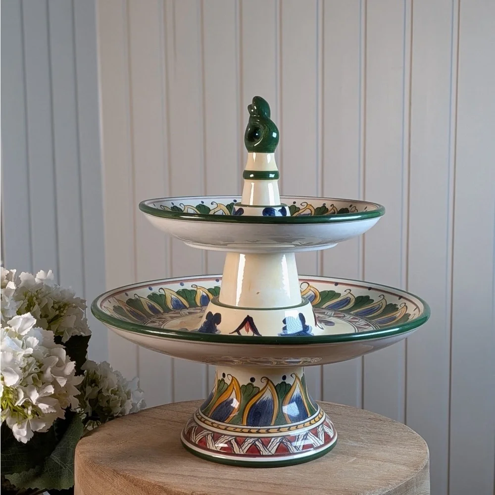 Tabletops Unlimited Deruta 2 Tier Serving Stand Italian Hand Painted Ceramic - Picture 3 of 8